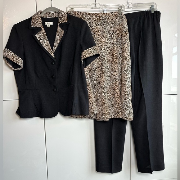 Kim Rogers 3 Piece Suit Black Jacket and Pant Leopard Print Skirt Size 16 - Picture 1 of 8